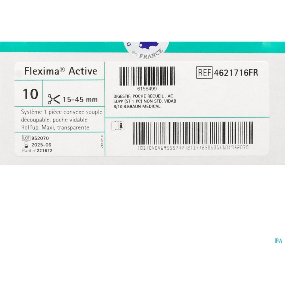 Boîte Flexima Active. 10 unités, 15-45 mm. Poche convexe transparente. Braun Medical.