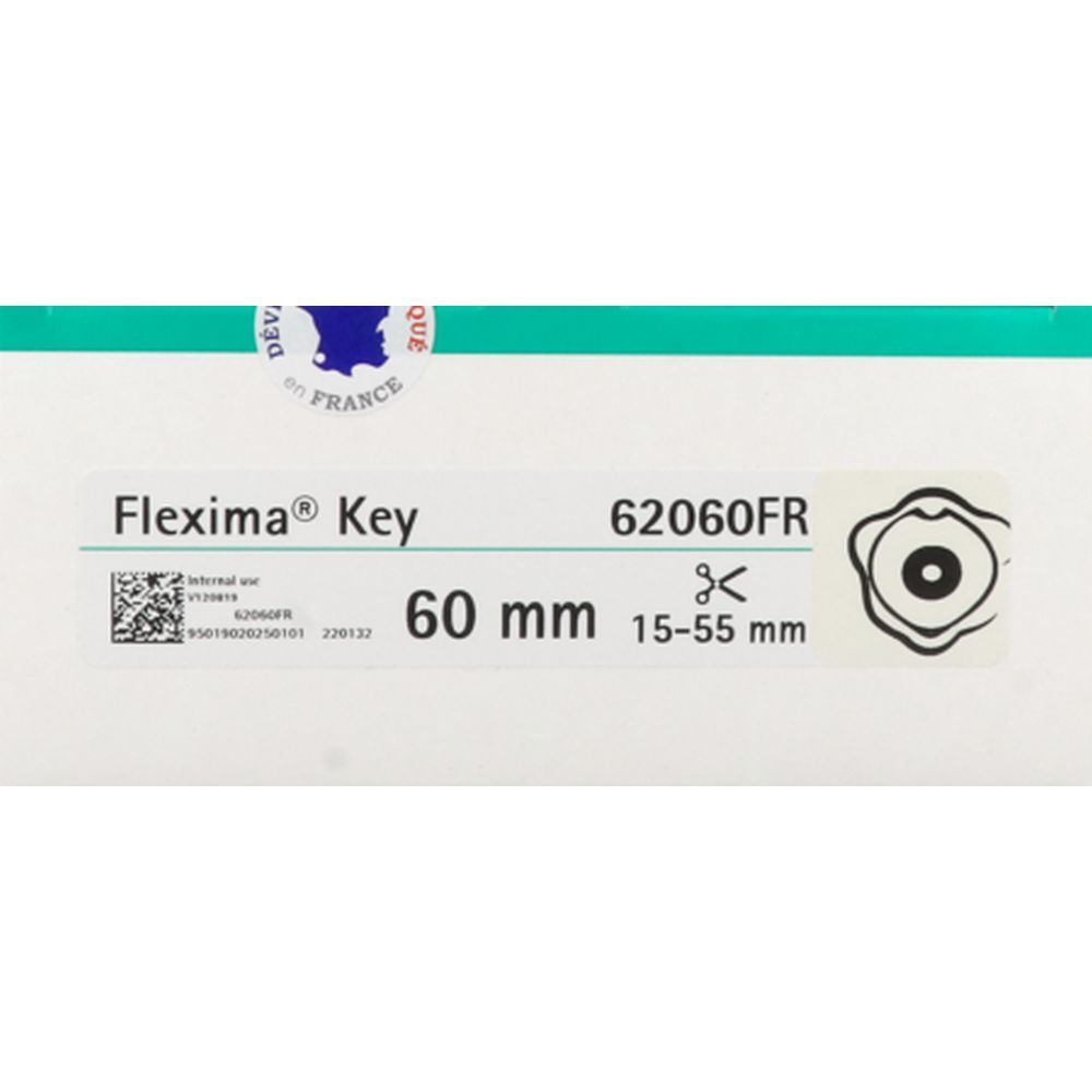 Étiquette Flexima Key, 60 mm, 62060FR. Inscriptions, code-barres et sceau de qualité français.