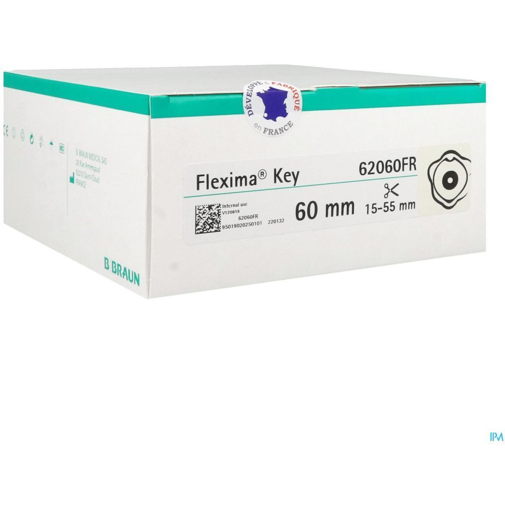 Emballage Flexima Key, 60 mm, 62060FR. Boîte blanche avec inscriptions, code-barres et sceau de qualité français.