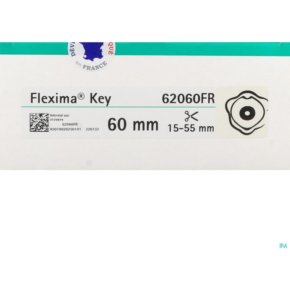 Étiquette Flexima Key, 60 mm, 62060FR. Inscriptions, code-barres et sceau de qualité français.