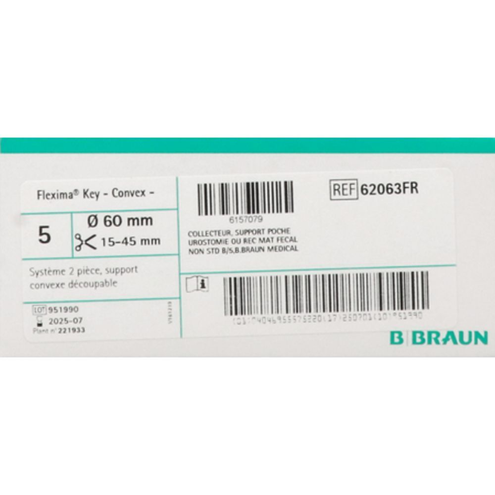 Emballage FLEXIMA Key, diamètre 60 mm. Contient 5 pièces. Logo B. Braun. Informations produit et référence.