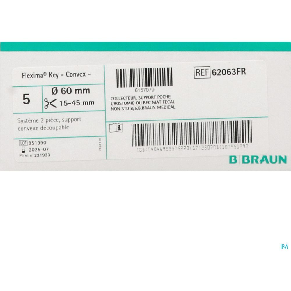 Emballage FLEXIMA Key, diamètre 60 mm. Contient 5 pièces. Logo B. Braun. Informations produit et référence.