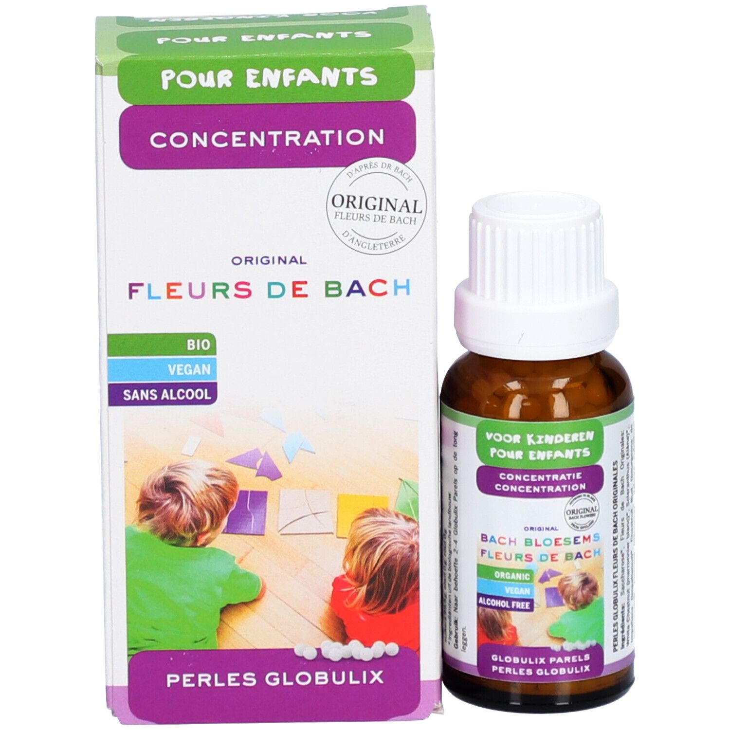 Produktflasche und Verpackung. Flasche: braun, weißer Deckel. Verpackung: weiß, grün, lila. Text: Pour enfants, Fleurs de Bach.