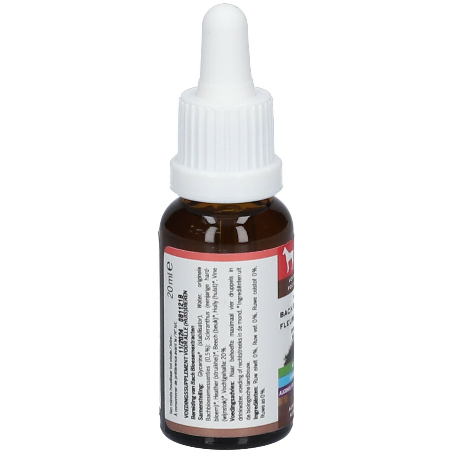 Braune Glasflasche mit weißem Tropfer. Etikett mit Text und Inhaltsstoffen. 20 ml. Für Tiere.