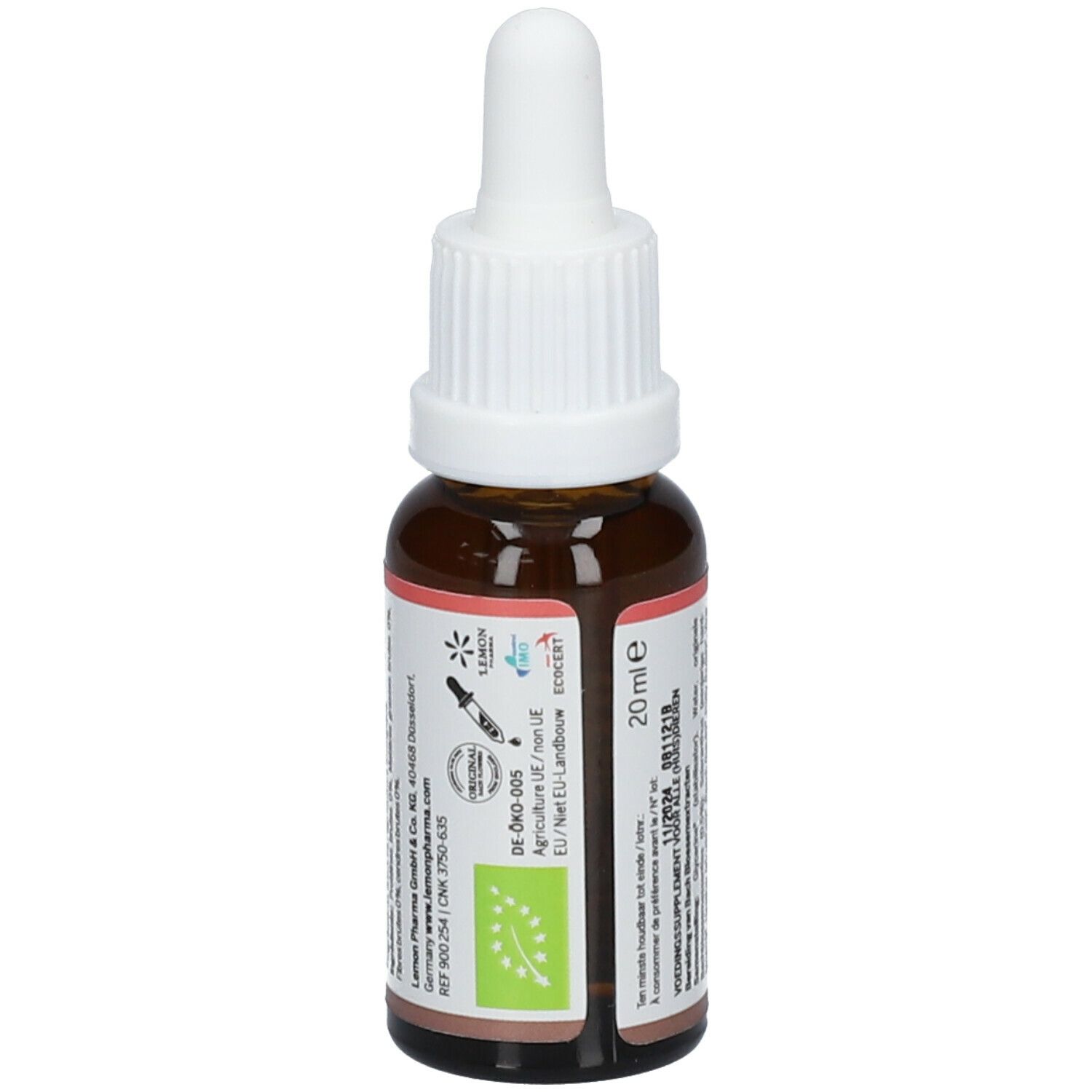 Braune Glasflasche mit weißem Tropfer. Etikett mit Text und Bio-Siegel. 20 ml. Für Tiere.