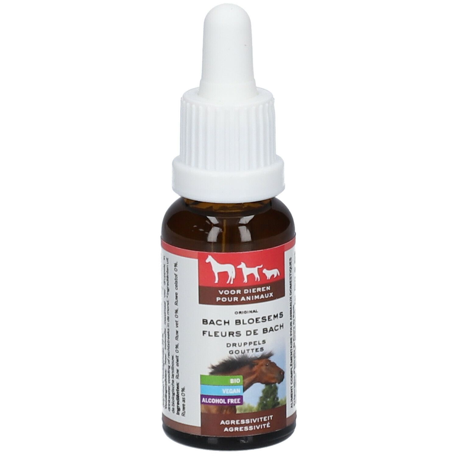 Braune Glasflasche mit weißem Tropfer. Etikett mit Tierabbildungen und Text. Für Tiere. Bio, vegan, alkoholfrei.