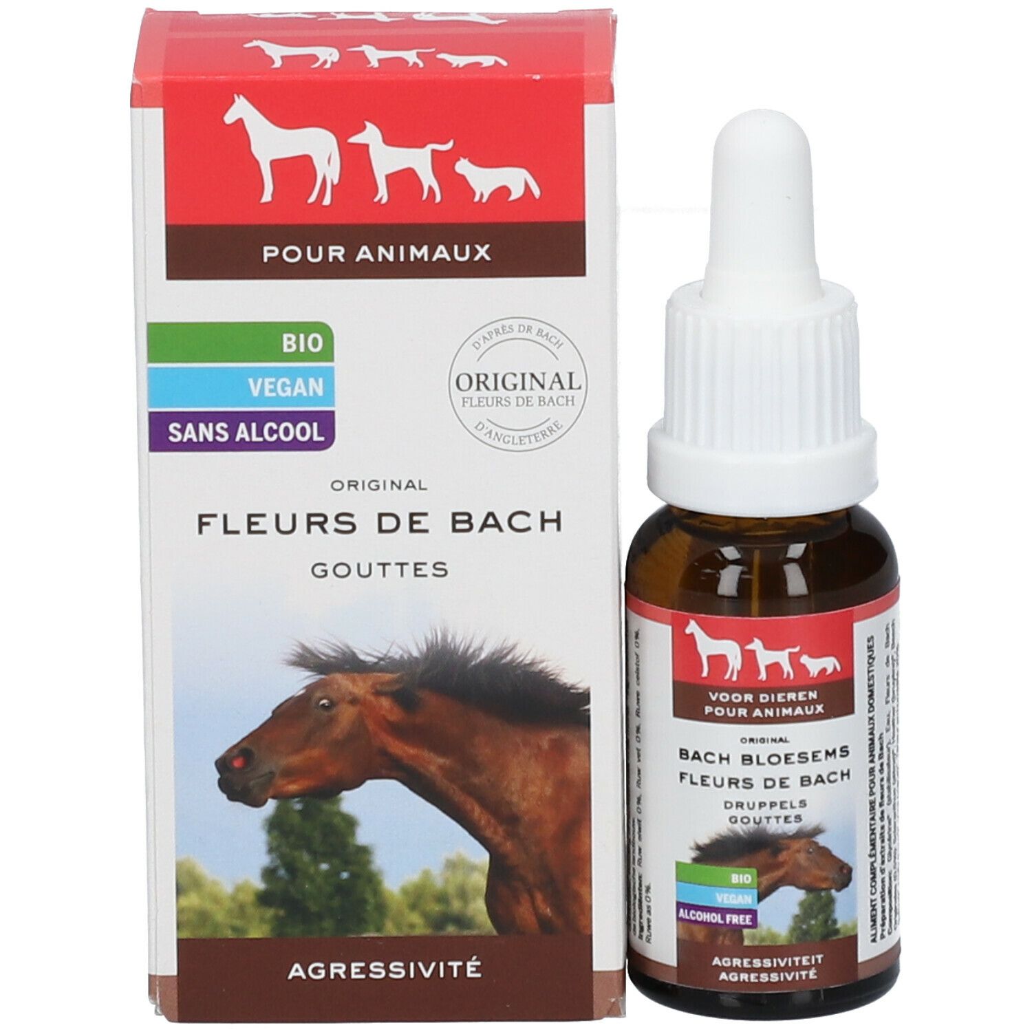 Braune Glasflasche mit weißem Tropfer und Kartonverpackung. Verpackung mit Text und Tierabbildungen. Bio, vegan, alkoholfrei.