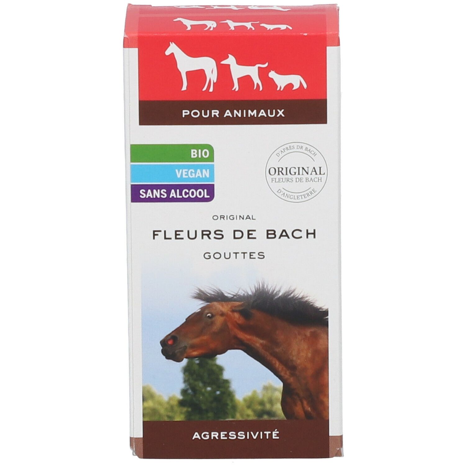 Kartonverpackung mit Text, Tierabbildung und Bio-Siegel. Für Tiere. Vegan, alkoholfrei.