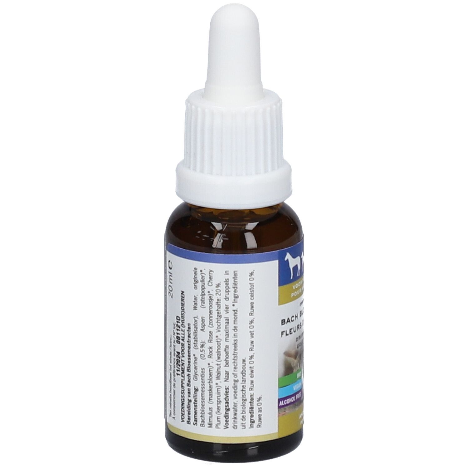 Flacon en verre brun avec compte-gouttes blanc. Dos avec texte. Inscription : 20 ml, ingrédients, certification bio.
