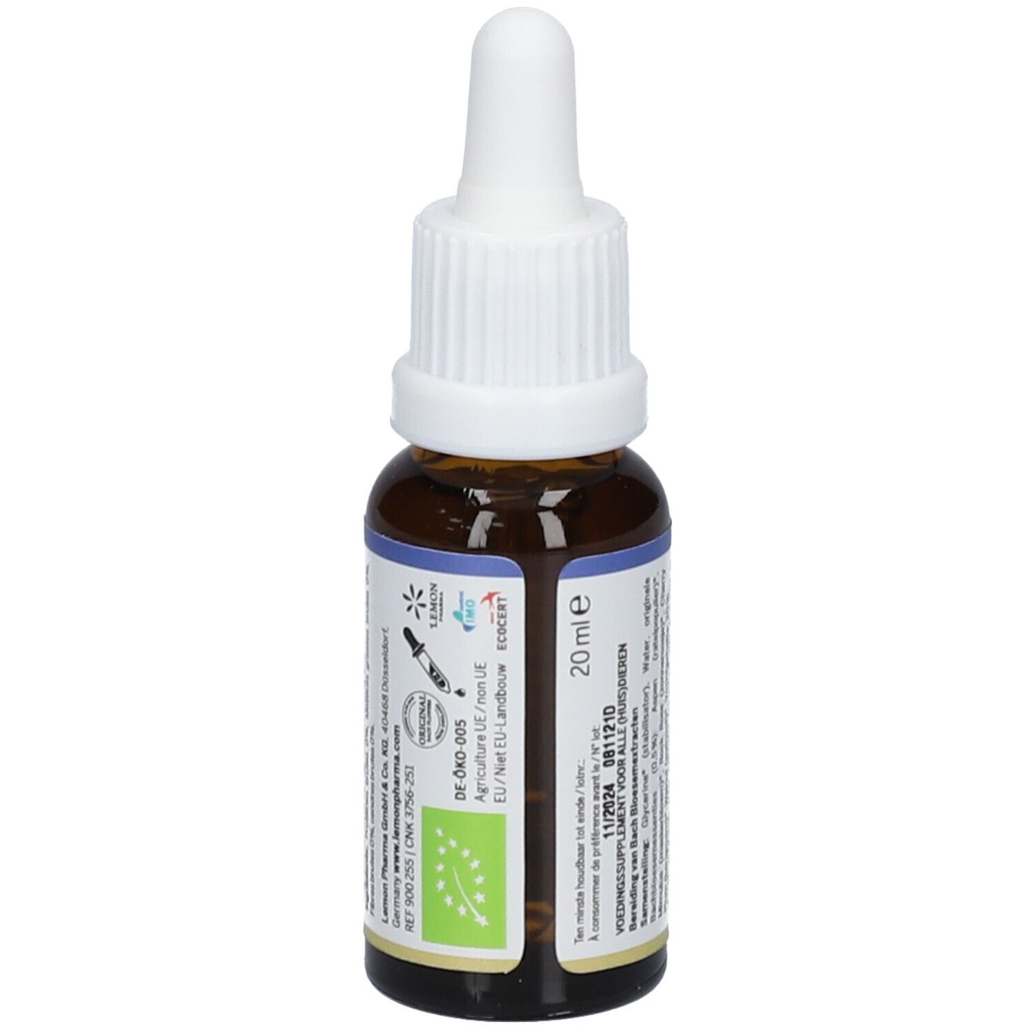 Flacon en verre brun avec compte-gouttes blanc. Dos avec texte. Inscription : 20 ml, certification bio, logo UE.