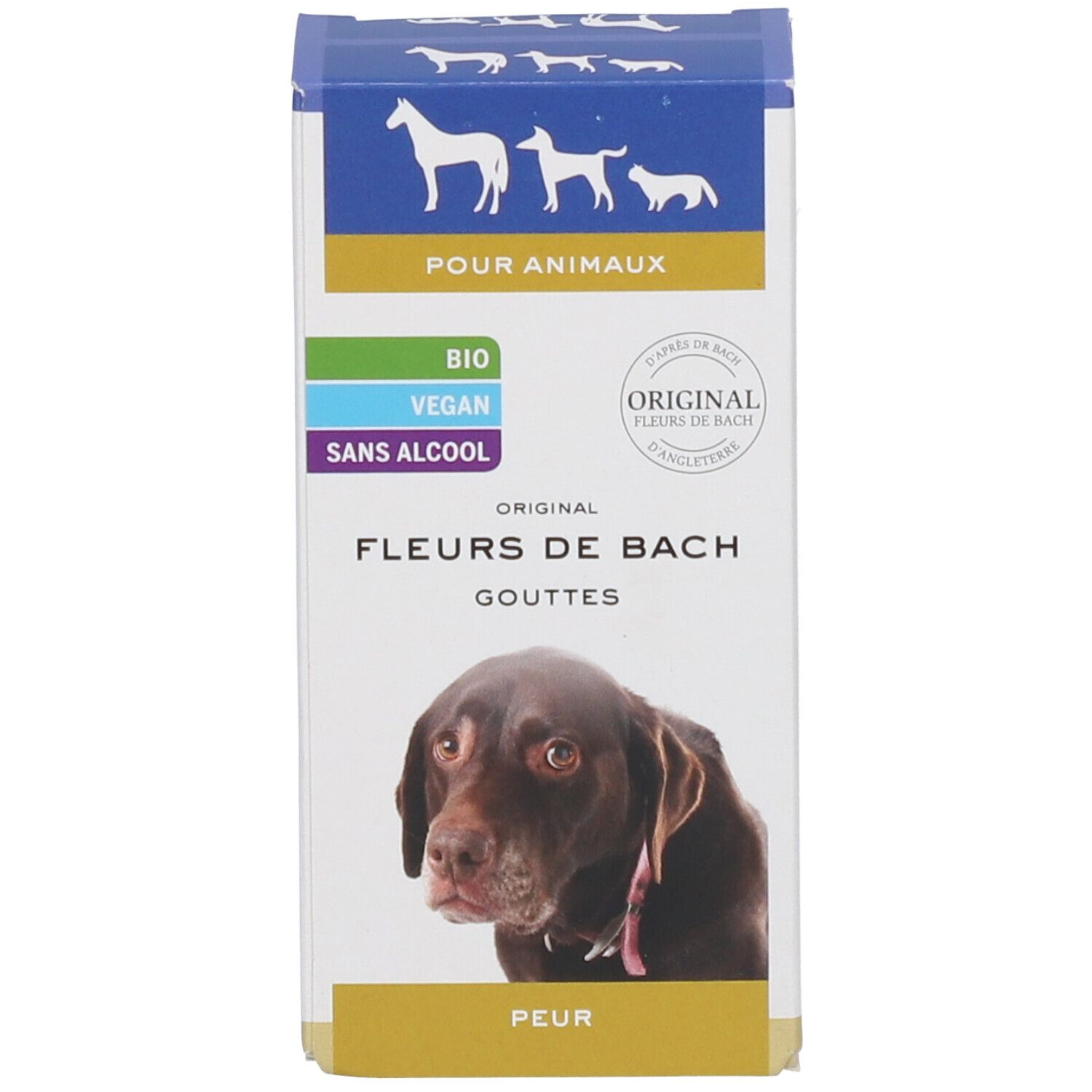 Emballage rectangulaire. Inscription : Fleurs de Bach, Peur, Bio, Vegan, Sans Alcool. Illustration d'un chien.