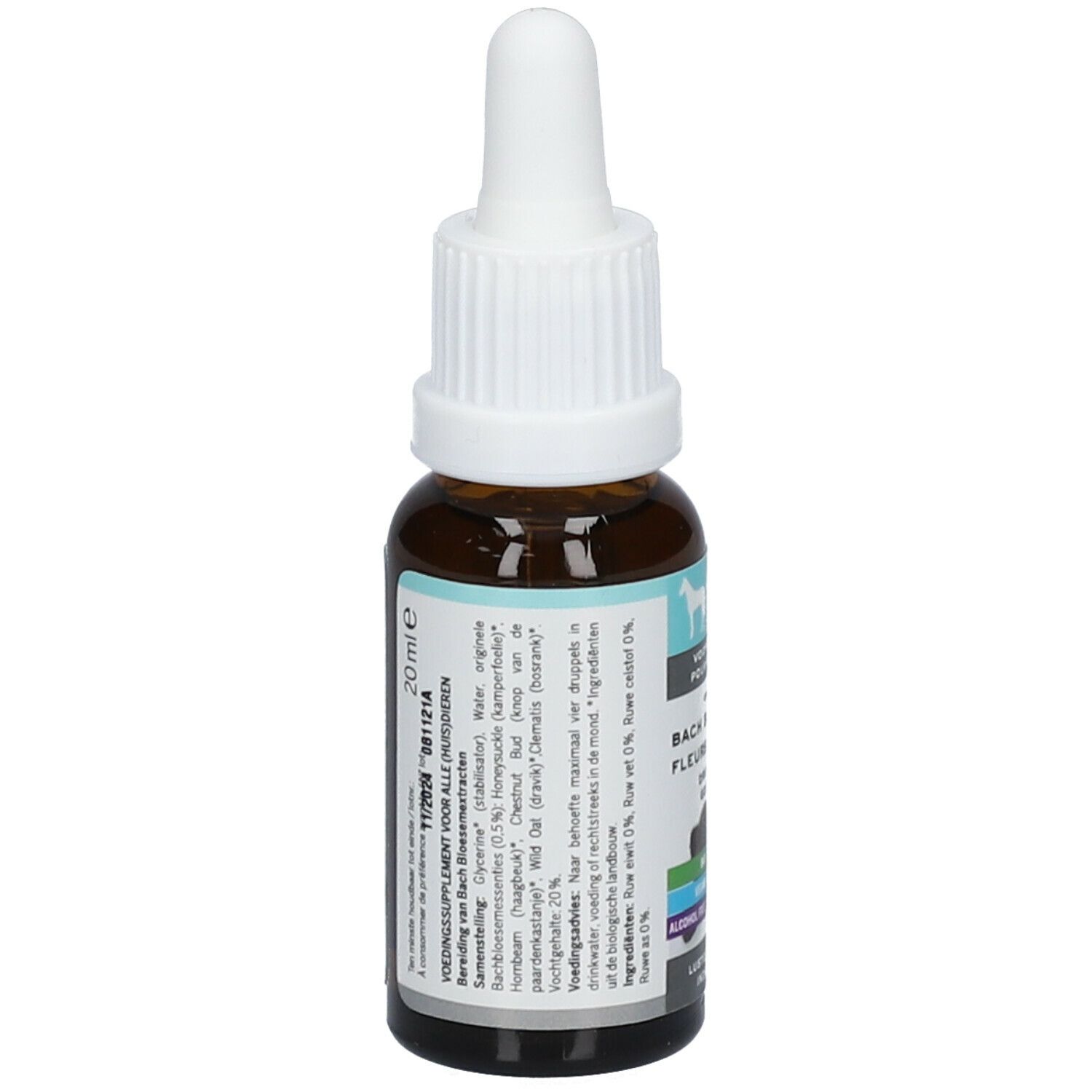 Rückseite einer braunen Glasflasche mit weißem Tropfer. Etikett mit Text und Inhaltsstoffen. Volumen: 20 ml.