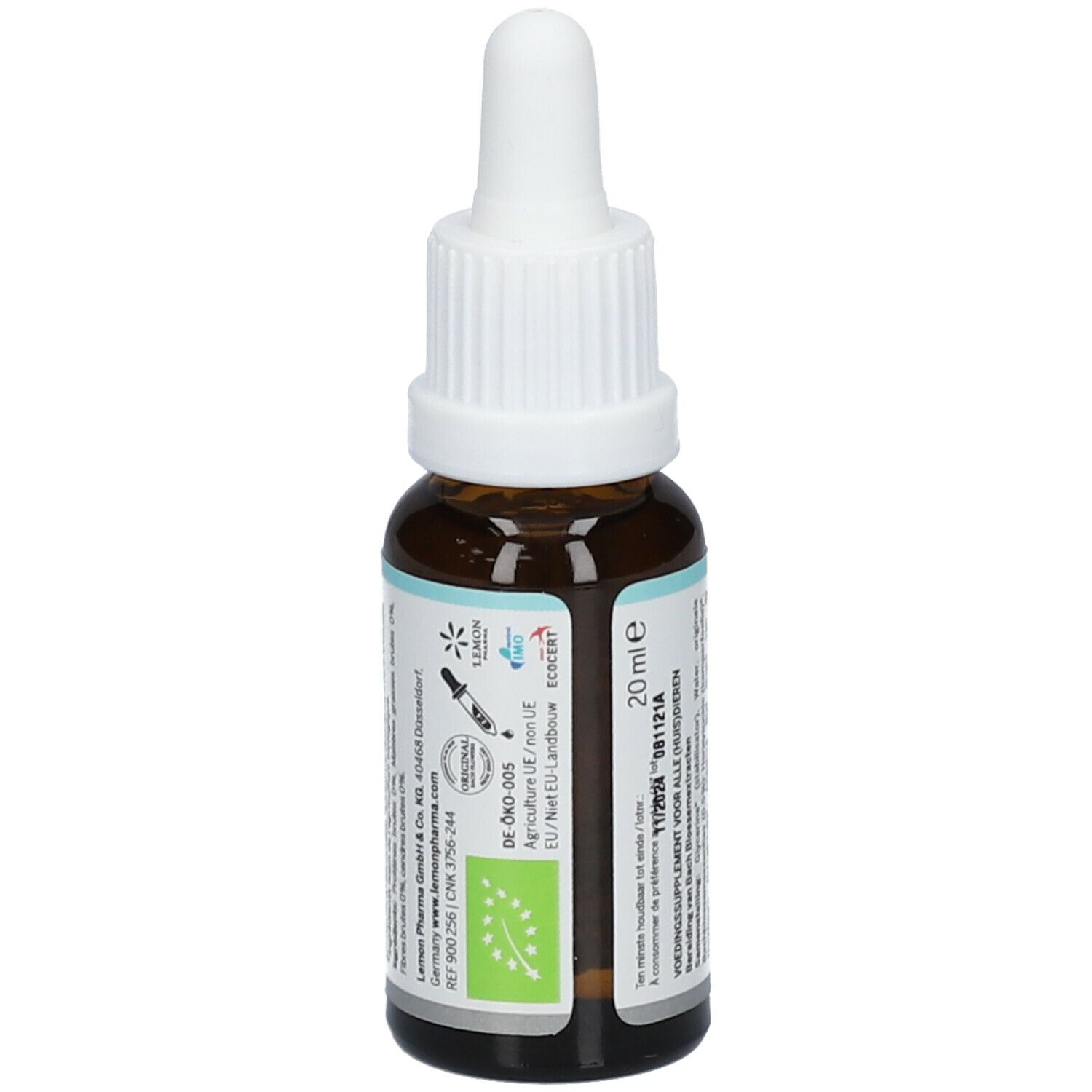 Rückseite einer braunen Glasflasche mit weißem Tropfer. Etikett mit Text, Bio-Siegel und Zertifizierungen. Volumen: 20 ml.