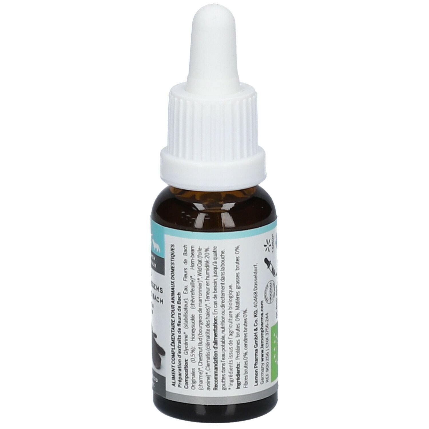 Rückseite einer braunen Glasflasche mit weißem Tropfer. Etikett mit Text und Inhaltsstoffen. Volumen: 20 ml.