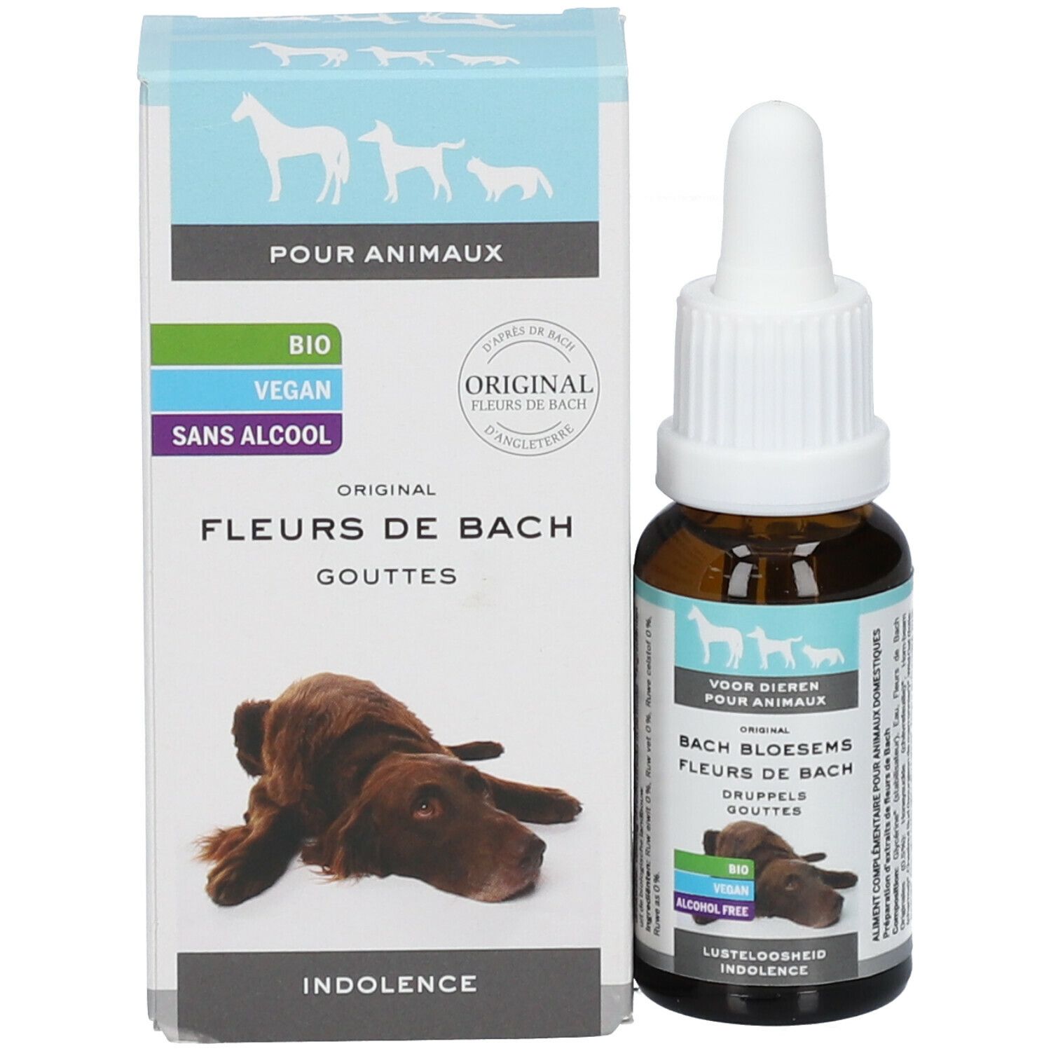 Produktflasche und Verpackung. Braune Flasche mit weißem Tropfer, Etikett. Karton mit Produktabbildung und Text: Fleurs de Bach.