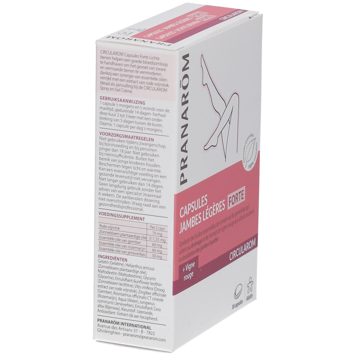 Boîte avec texte et illustration de jambes. Inscription: PRANAROM, CAPSULES JAMBES LÉGÈRES FORTE, Circularom.