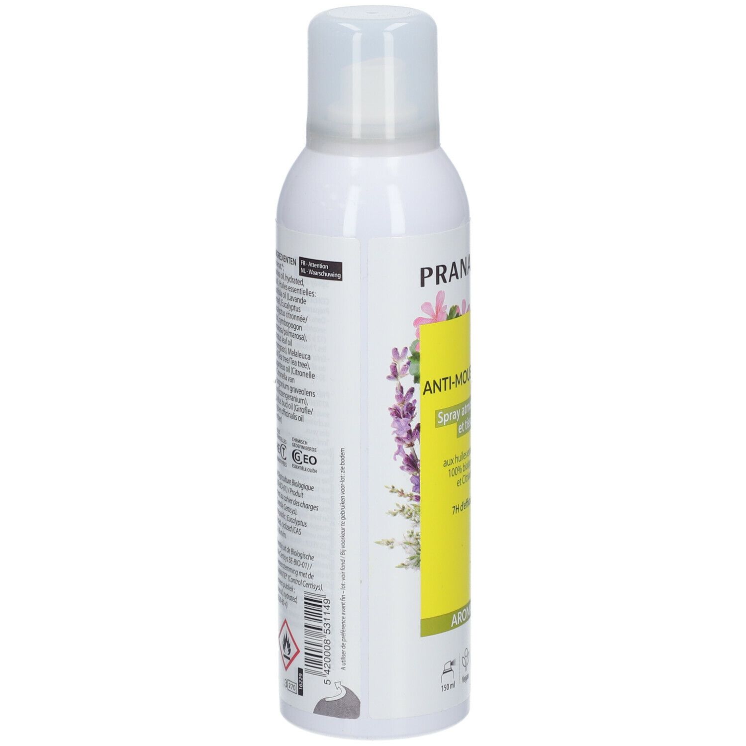 Spray blanc, vue latérale. Inscriptions et texte sur fond blanc. Avec éléments floraux.