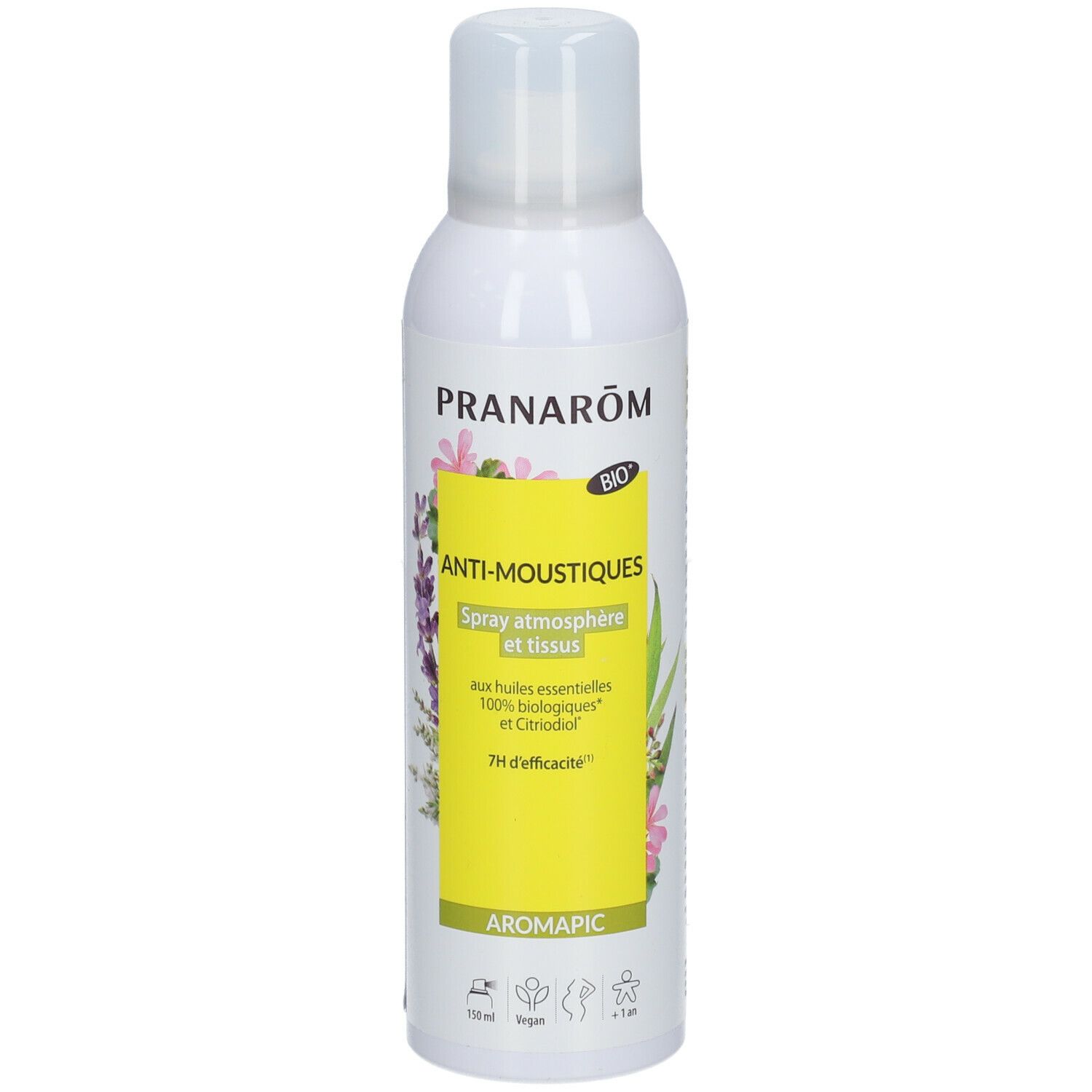 Spray blanc avec étiquette jaune. Inscription: ANTI-MOUSTIQUES, BIO. Éléments floraux. Aromapic.