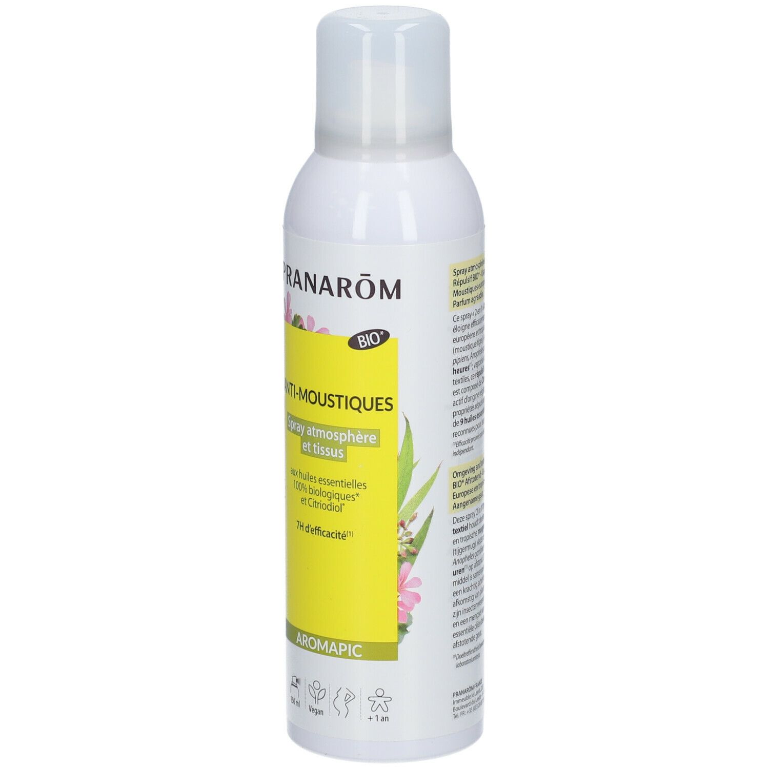 Spray blanc avec étiquette jaune. Inscription: ANTI-MOUSTIQUES, BIO. Éléments floraux. Aromapic.
