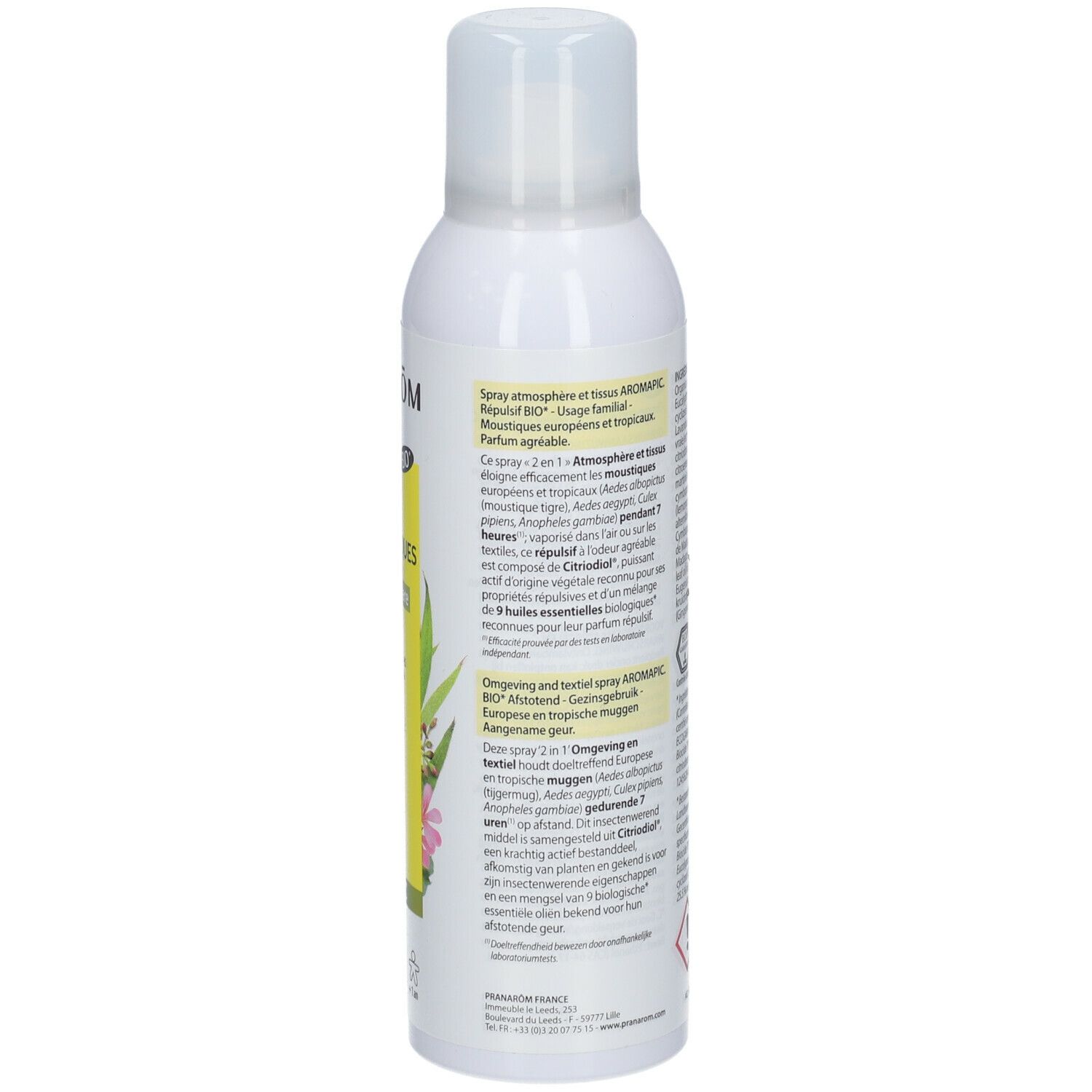 Dos du spray blanc. Texte multilingue. Avec éléments floraux. Aromapic.