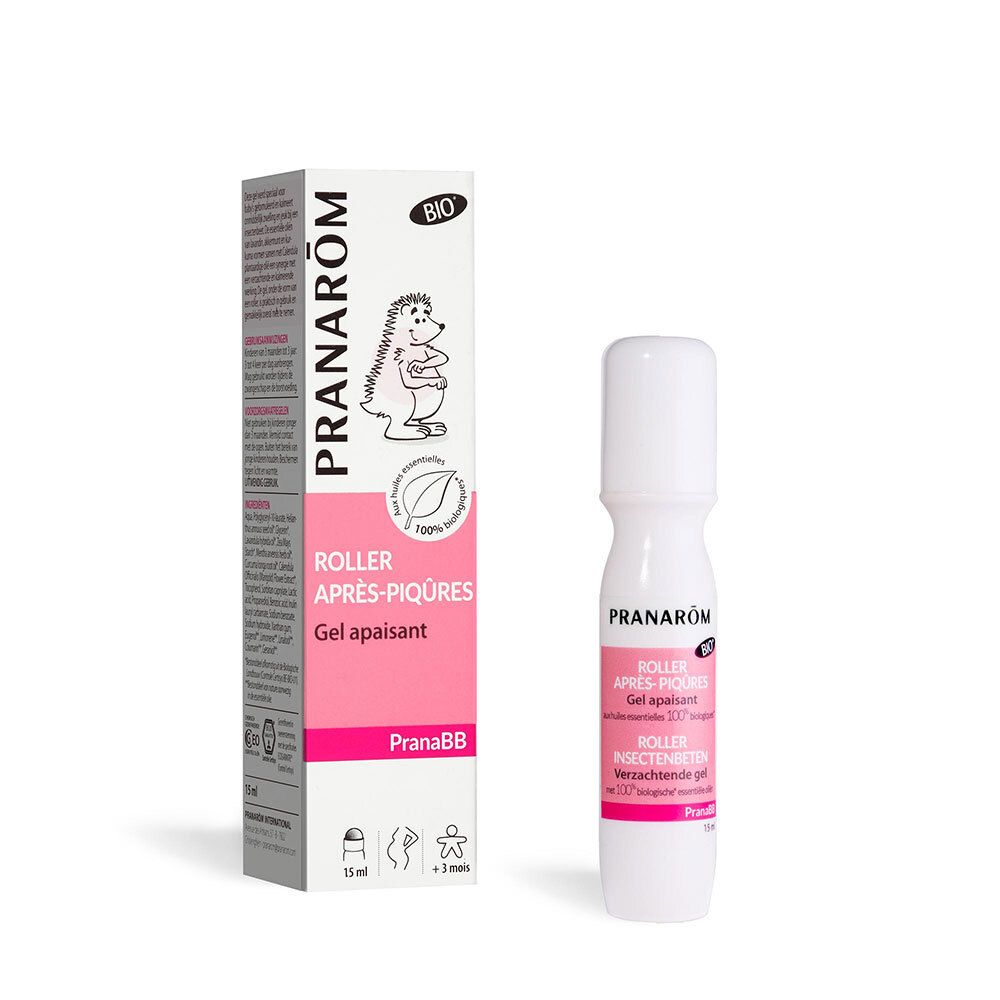 Pranarôm PranaBB Rolle BB. Weißer Roller und Schachtel. Aufschrift: Roller Après-piqûres, Gel apaisant. 15 ml.