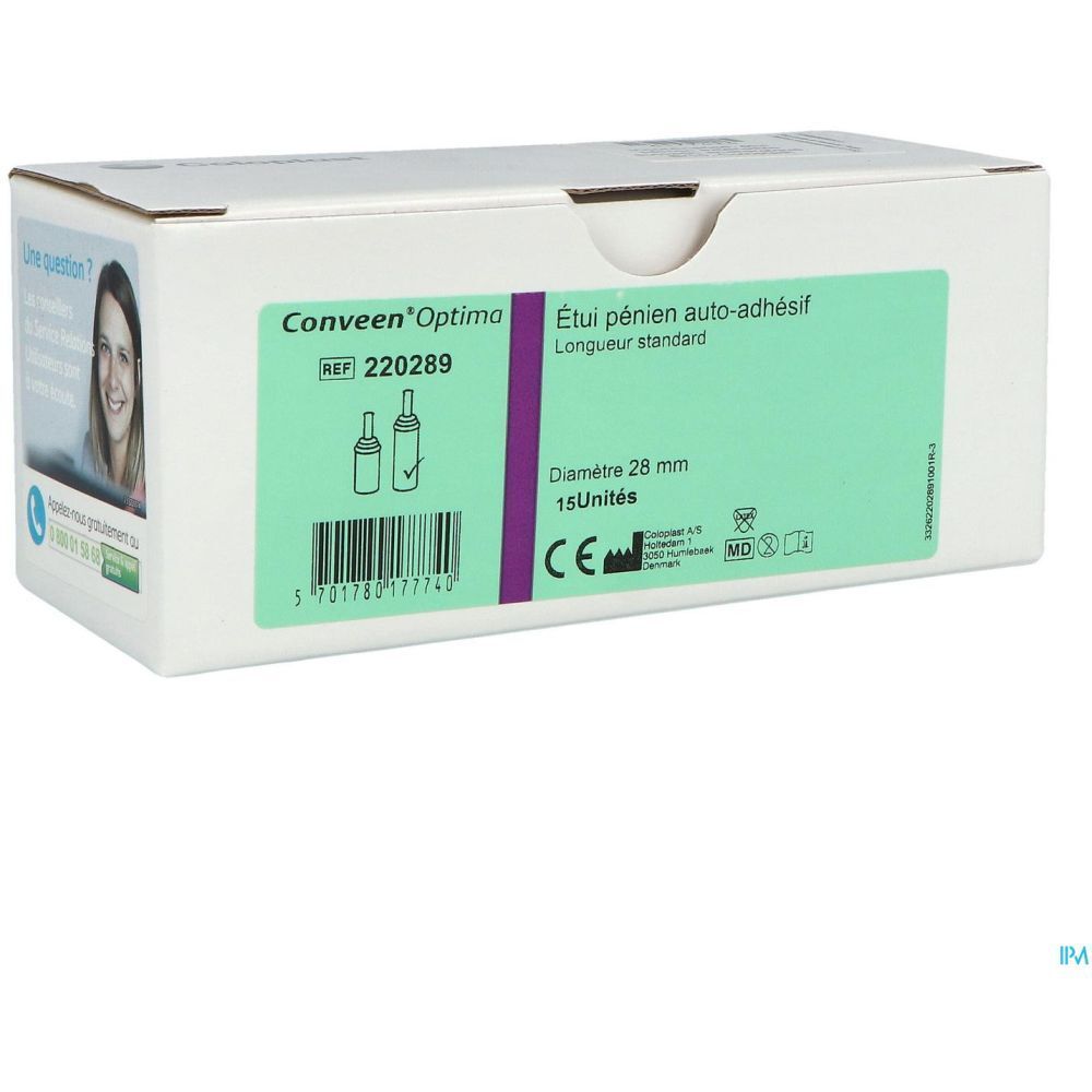 Boîte de CONVEEN Optima Etui pénien auto-adhésif. Diamètre 28 mm, 15 unités. Informations service client.