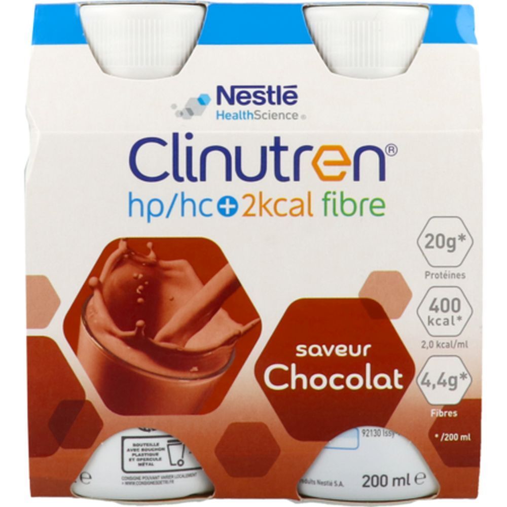 Emballage de quatre bouteilles. Inscription: Clinutren hp/hc+2kcal fibre, saveur Chocolat. Logo Nestle HealthScience.