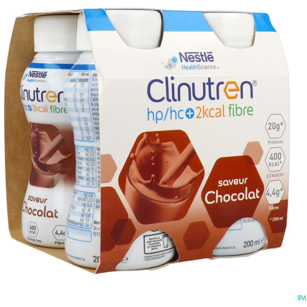 Emballage avec trois bouteilles. Inscription: Clinutren hp/hc+2kcal fibre, saveur Chocolat. Logo Nestle HealthScience.