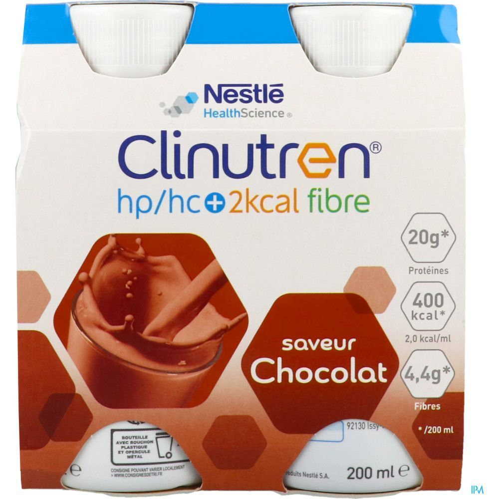 Emballage de quatre bouteilles. Inscription: Clinutren hp/hc+2kcal fibre, saveur Chocolat. Logo Nestle HealthScience.