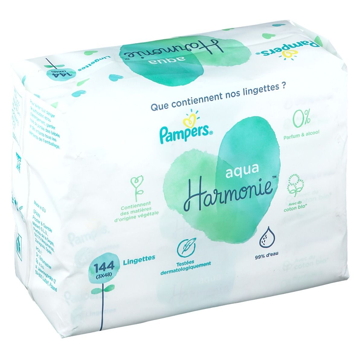 Pampers Aqua Harmonie™-Packung. 144 Tücher. Verpackung mit Text, Logos und Angaben zu Inhaltsstoffen und Zertifizierungen.