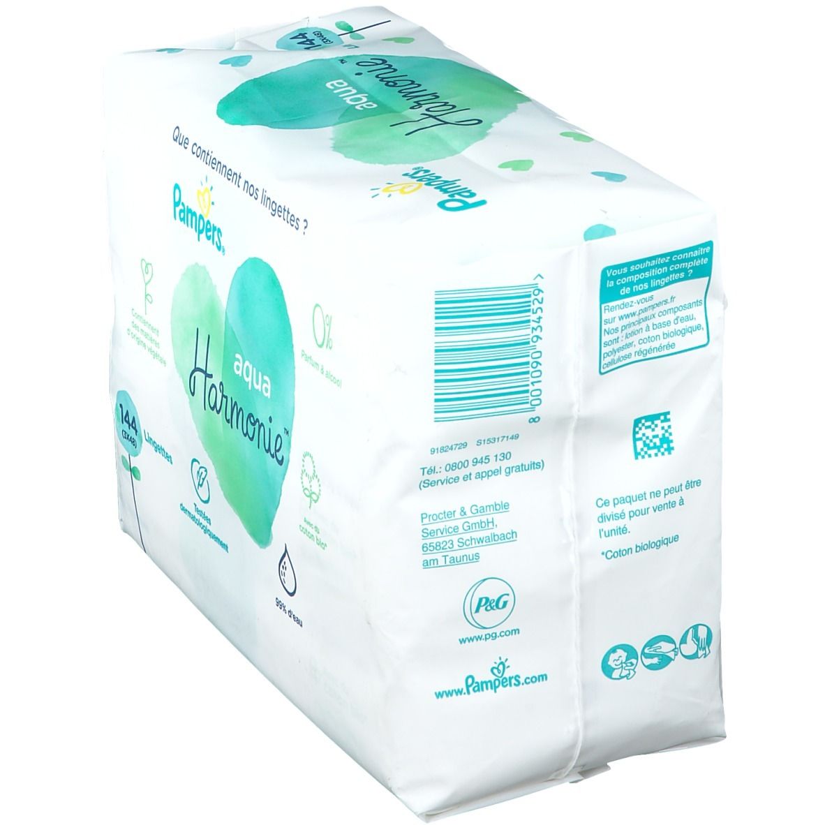 Pampers Aqua Harmonie™-Packung. Seitenansicht. Text, Logos und Barcode auf der Verpackung. Informationen zu Inhaltsstoffen.