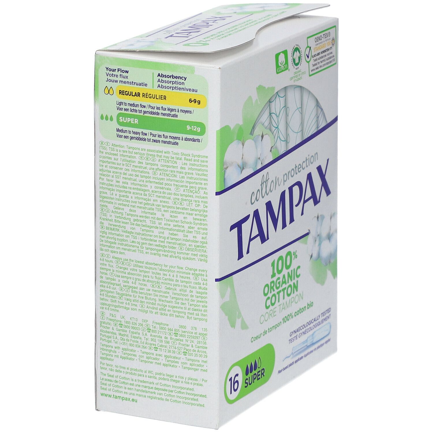 Boîte de TAMPAX Cotton Protection Super. 16 tampons. 100% coton bio. Emballage vert et blanc avec informations produit.