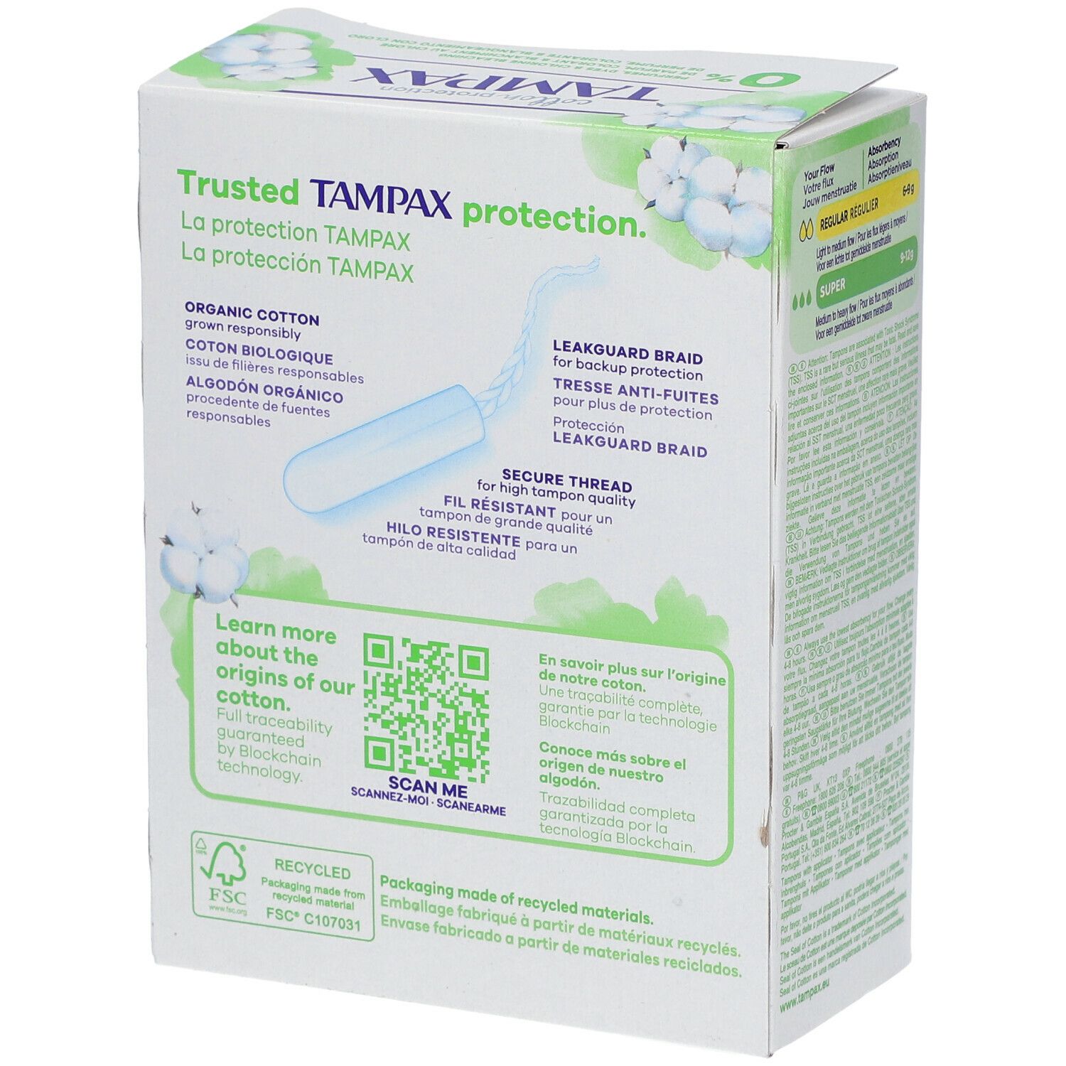 Dos de la boîte TAMPAX Cotton Protection Super. Informations sur le coton bio et la technologie Leakguard. Code QR.