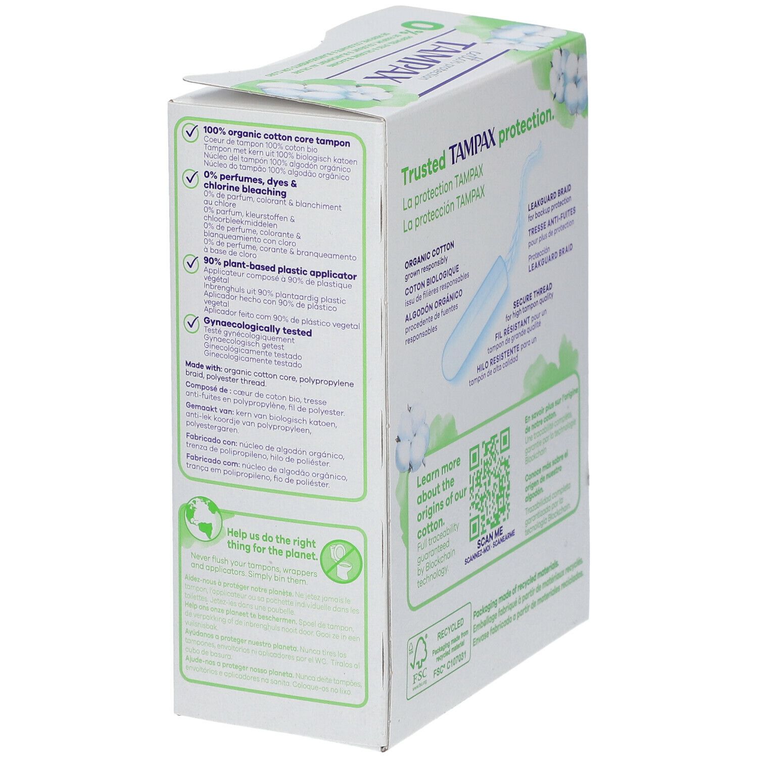 Côté de la boîte TAMPAX Cotton Protection Super. Informations sur les ingrédients et la durabilité. Design vert et blanc.