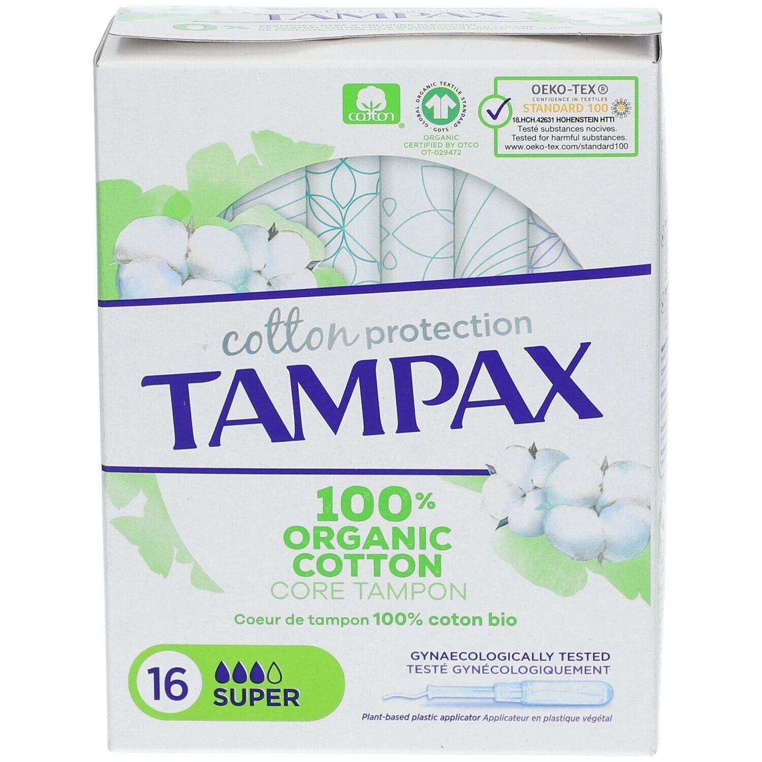 Face avant de la boîte TAMPAX Cotton Protection Super. 16 tampons. 100% coton bio. Certification OEKO-TEX.