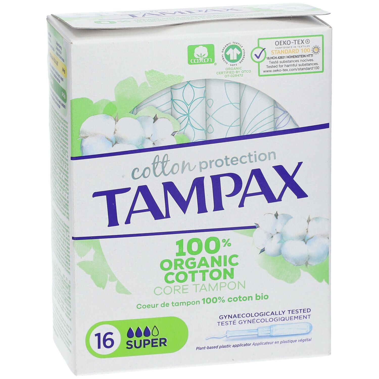 Vue de face de la boîte TAMPAX Cotton Protection Super. 16 tampons. 100% coton bio. Certification OEKO-TEX.