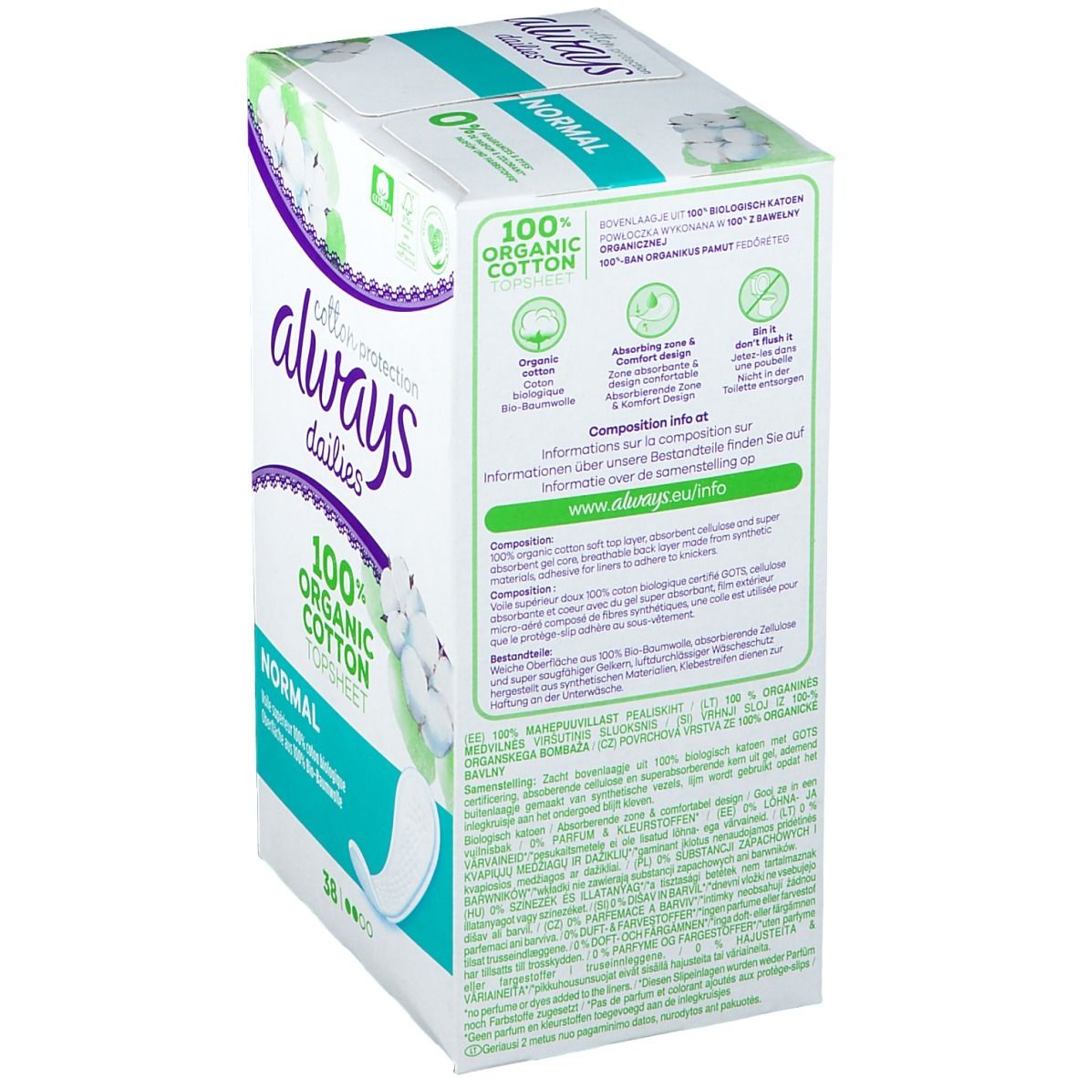 Dos de la boîte Always Dailies Cotton Protection. Texte : 100% Coton Bio. Informations sur la composition. Éco-labels.