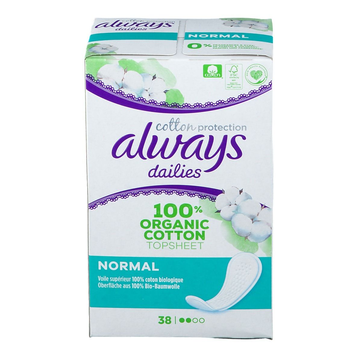 Boîte Always Dailies Cotton Protection. Inscription : 100% Coton Bio. 38 pièces. Illustrations de fleurs de coton.