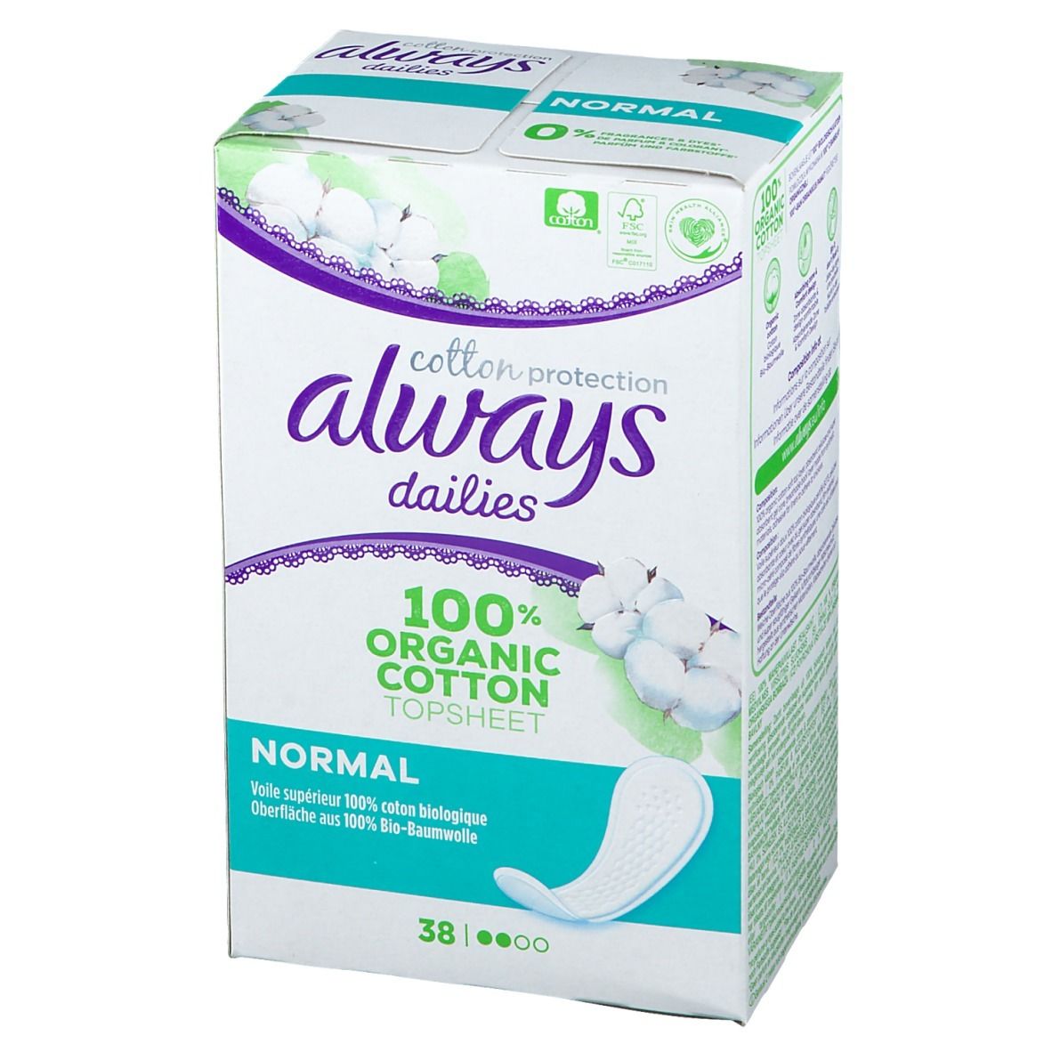 Boîte Always Dailies Cotton Protection. Inscription : 100% Coton Bio. 38 pièces. Illustrations de fleurs de coton.