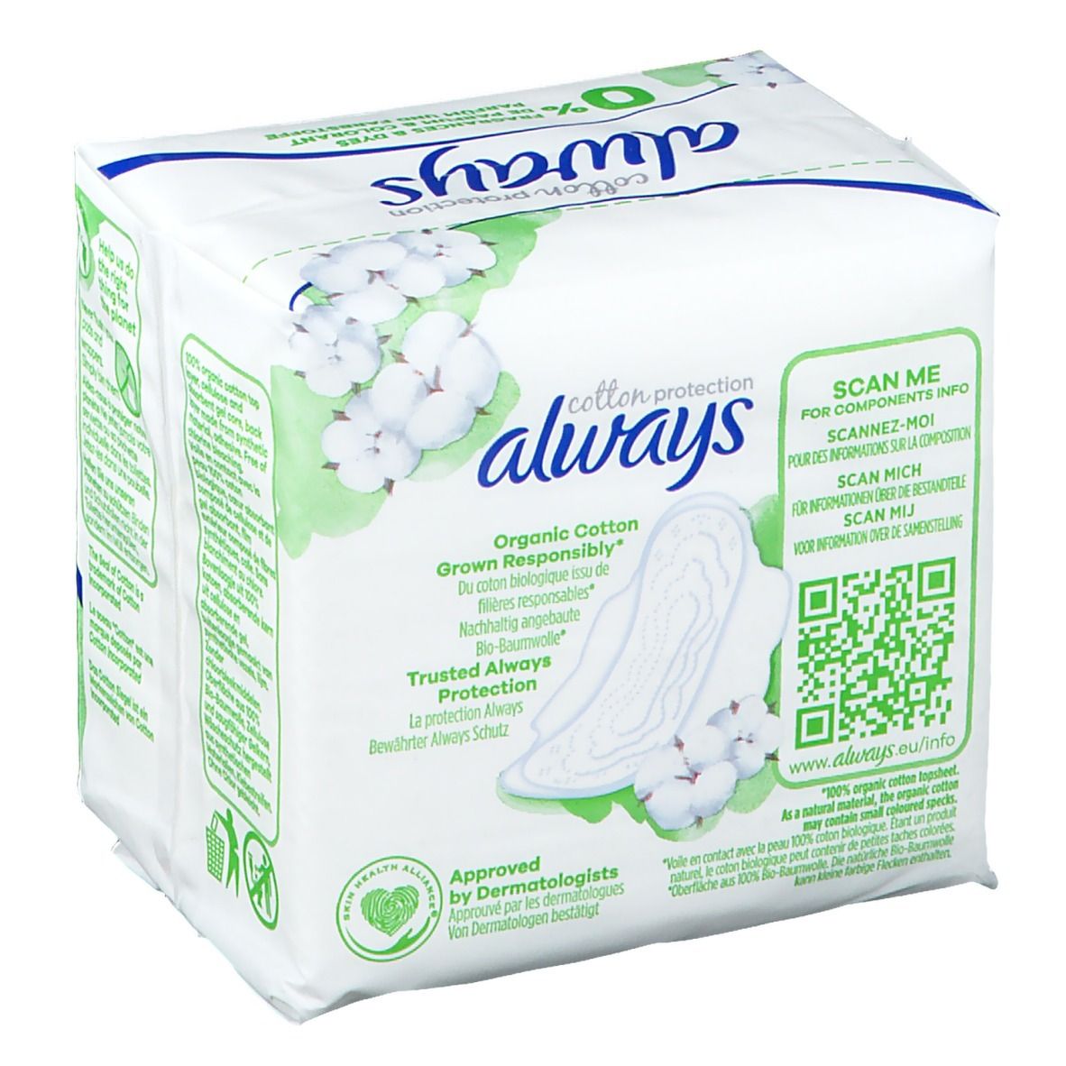 Always Cotton Protection Serviette Ultra Normal Taille 1. Emballage avec logo et informations produit. 100% coton biologique.