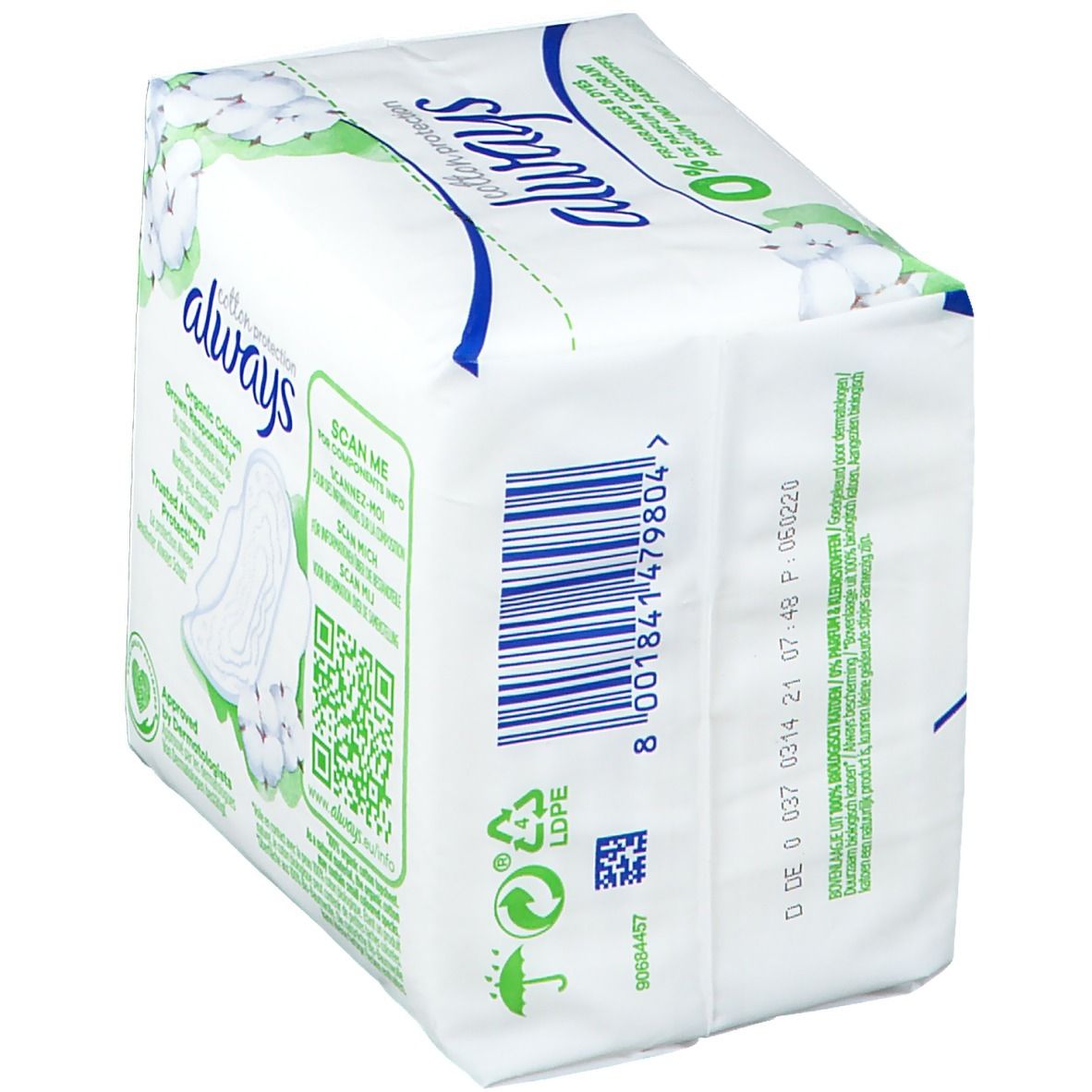 Always Cotton Protection Serviette Ultra Normal Taille 1. Emballage avec code-barres et informations produit. 100% coton biologique.