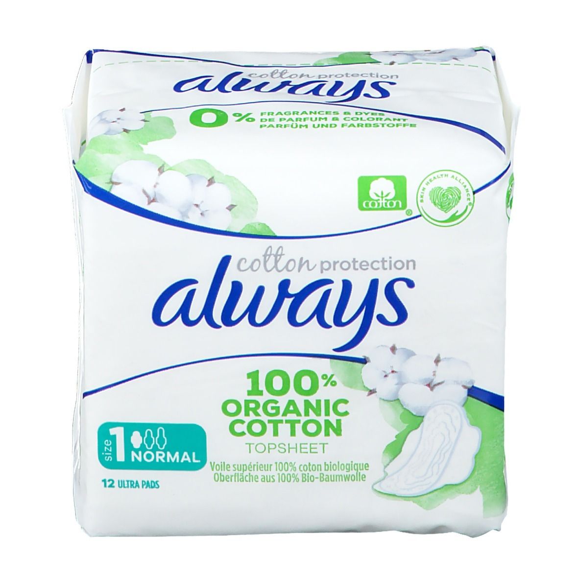 Always Cotton Protection Serviette Ultra Normal Taille 1. Emballage avec logo et informations produit. 12 Ultra Pads.