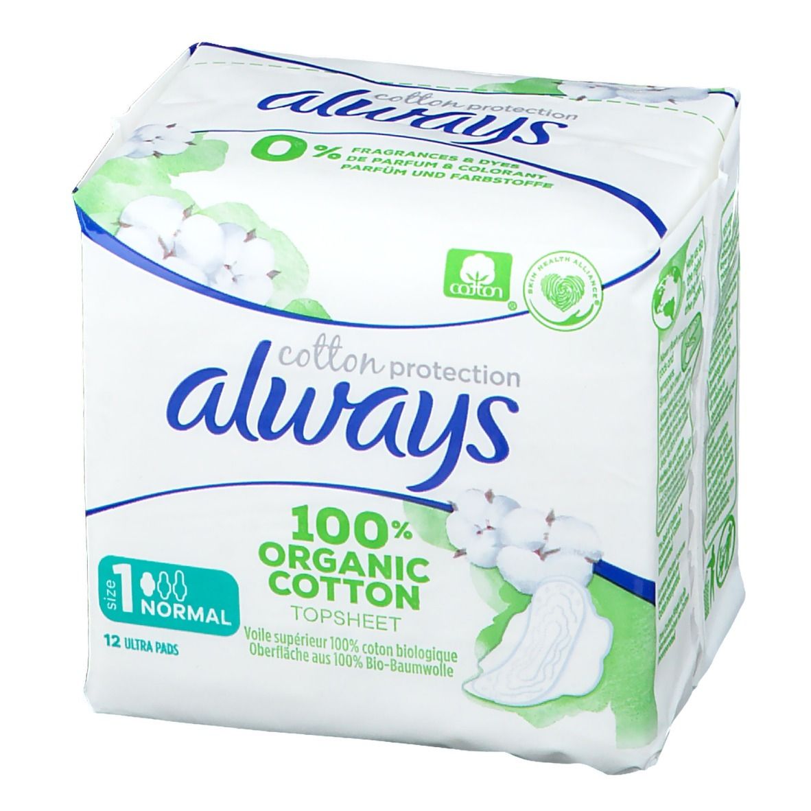 Always Cotton Protection Serviette Ultra Normal Taille 1. Emballage avec logo et informations produit. 12 Ultra Pads.