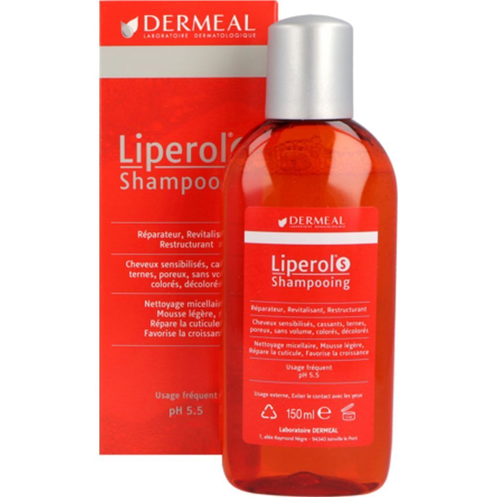Flacon rouge de Liperol S Shampooing, 150 ml. Emballage rouge en arrière-plan.