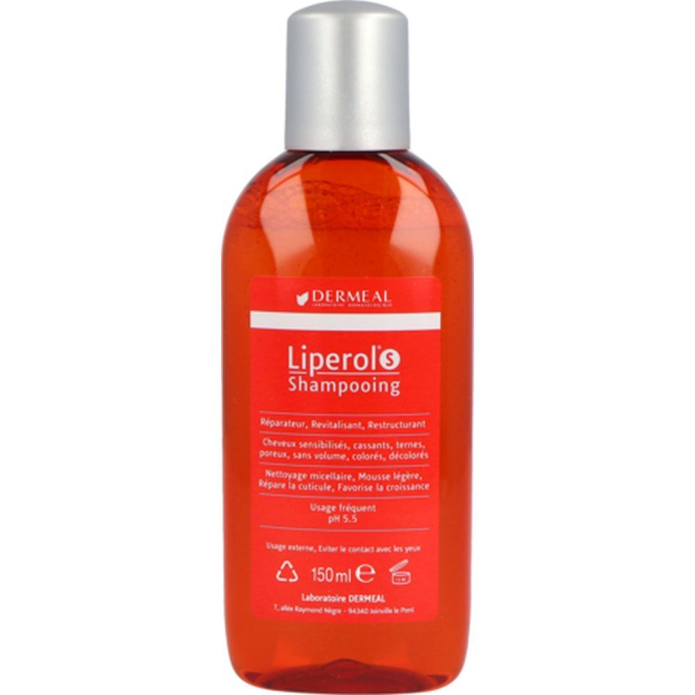 Flacon rouge Liperol S Shampooing, 150 ml. Bouchon argenté. Inscriptions.