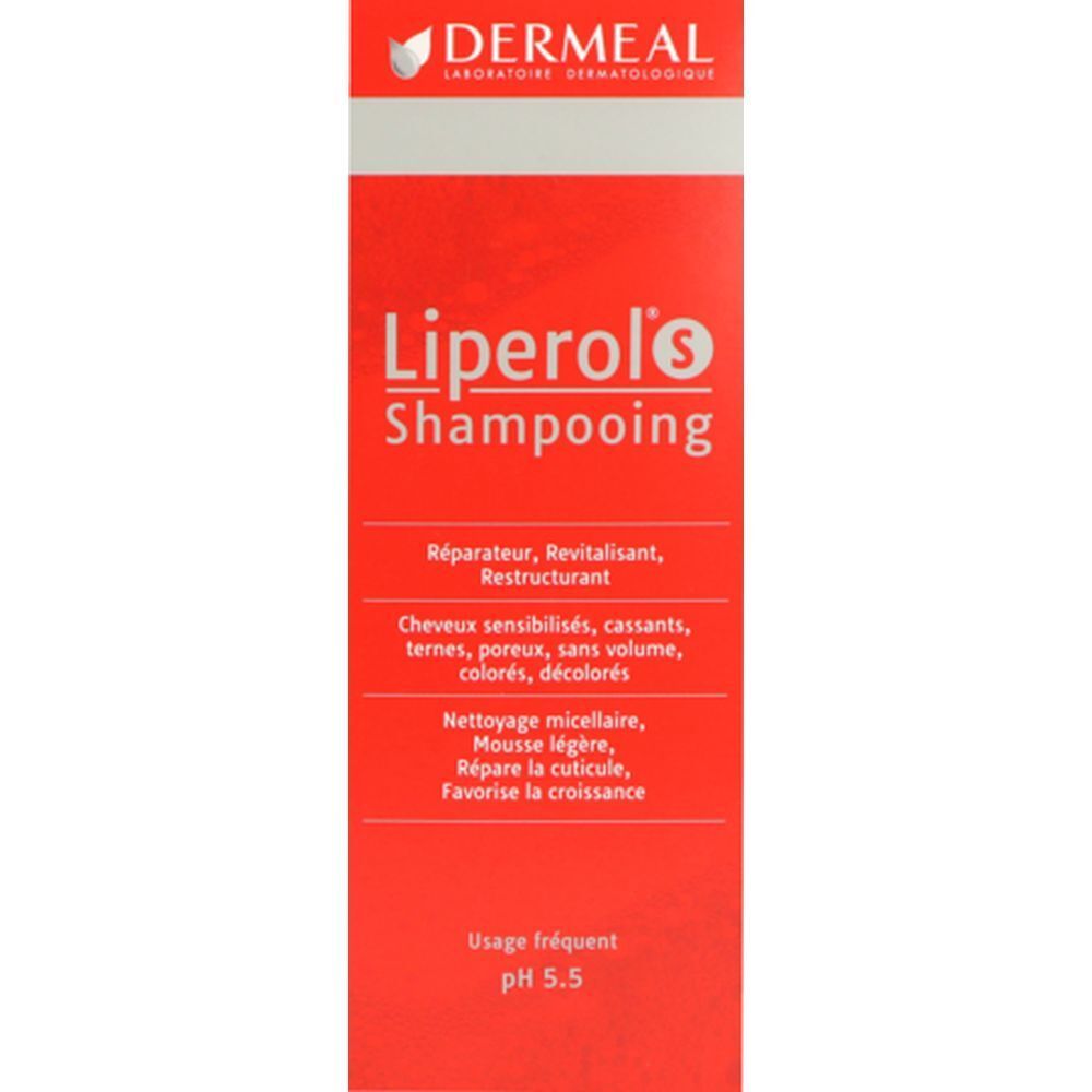 Emballage rouge Liperol S Shampooing. Écriture blanche. Marque Dermeal.