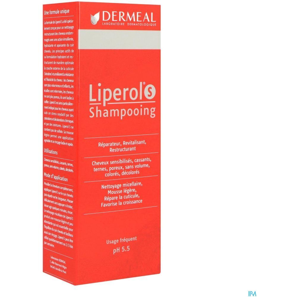 Emballage rouge Liperol S Shampooing. Texte et marque Dermeal. Fond blanc.