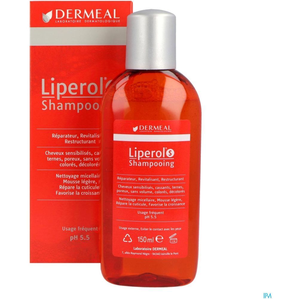 Flacon et emballage Liperol S Shampooing. Couleur rouge. Marque Dermeal.