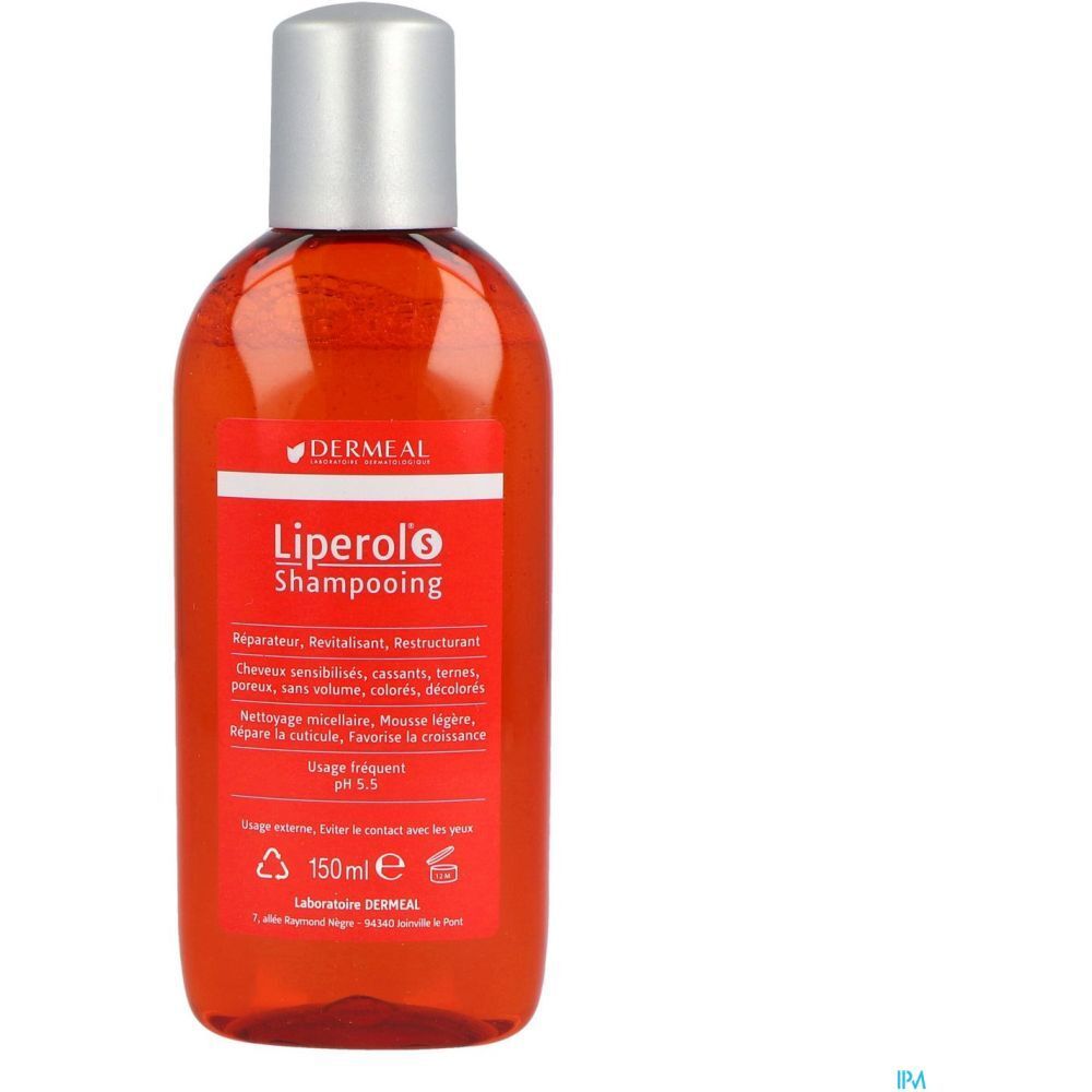 Flacon rouge Liperol S Shampooing. Bouchon argenté. Marque Dermeal.