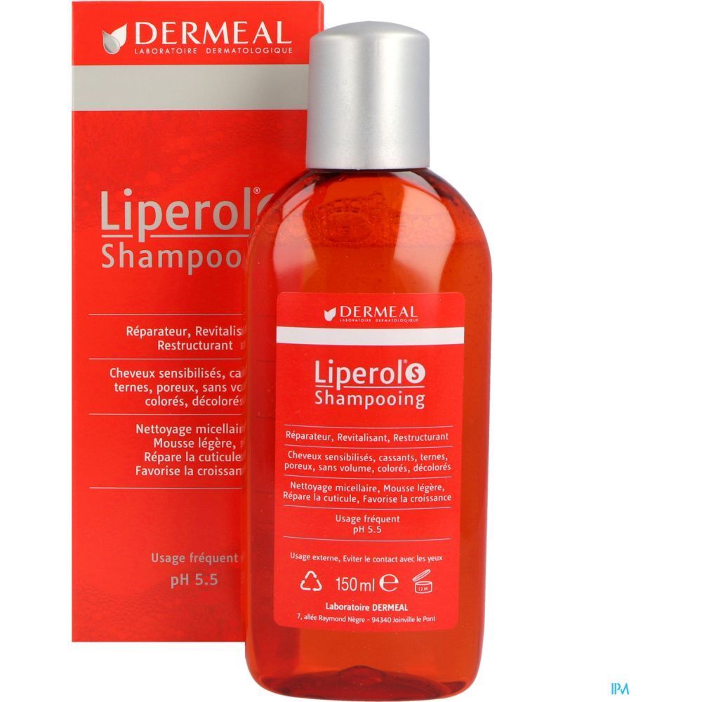 Flacon et emballage Liperol S Shampooing. Couleur rouge. Marque Dermeal.